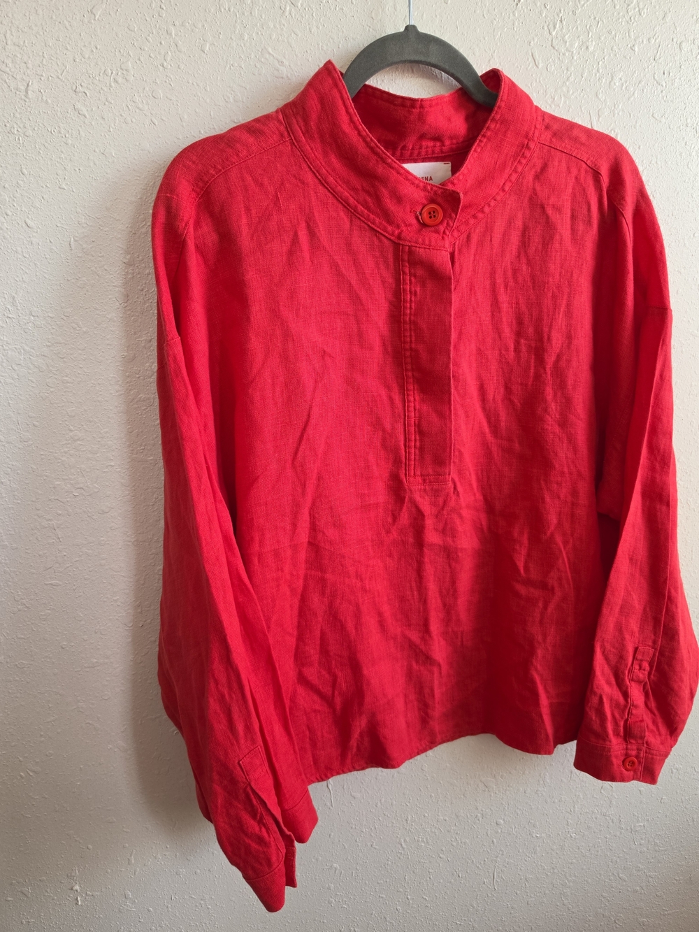 Xirena Size M Red 100% Linen Popover Blouse Long Sleeve Relaxed Top - Picture 4 of 9